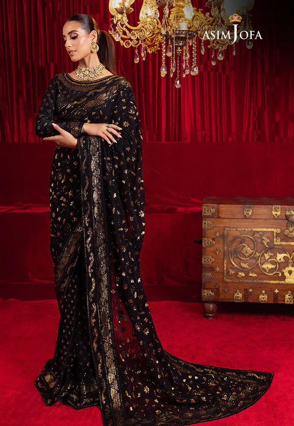 Asim Jofa Black Saree Collection Chiffon Replica